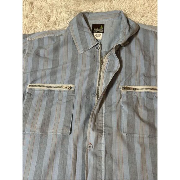 Weekendz off short sleeve button up with zipper pocket blue stripe  shirt L - Picture 3 of 5
